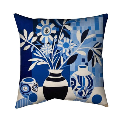 Abstract Blue Flowers Pillow - Blue Vases Home Decor Pillow – Poly Twill Throw Pillow with Insert, Double-Sided Print