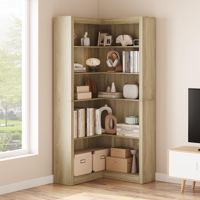 71.8'' Farmhouse Corner Bookcase, 5 - Tier Tall Bookcase, L-Shaped Corner Shelf, Beige