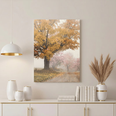 Arbre d'automne aux feuilles jaunes et aux fleurs roses, toile tendue sur châssis, ensemble de 1