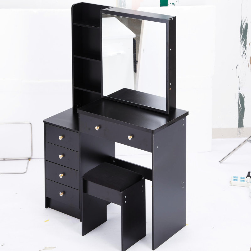 Coiffeuse de 94 cm avec tabouret rembourré, miroir coulissant de 61 x 56 cm, rangement à plusieurs niveaux, style américain, noir, pour les espaces de taille moyenne.