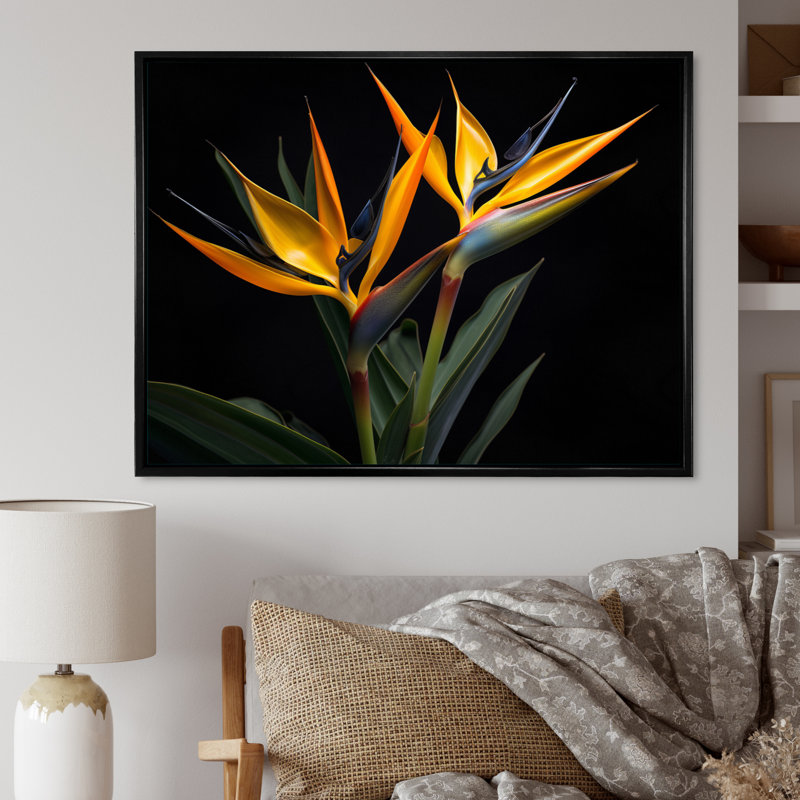 Oiseaux de paradis fleurs I - Art mural oiseaux de paradis, H 30 po x l 40 po x P 1,5 po, Cadre flottant noir