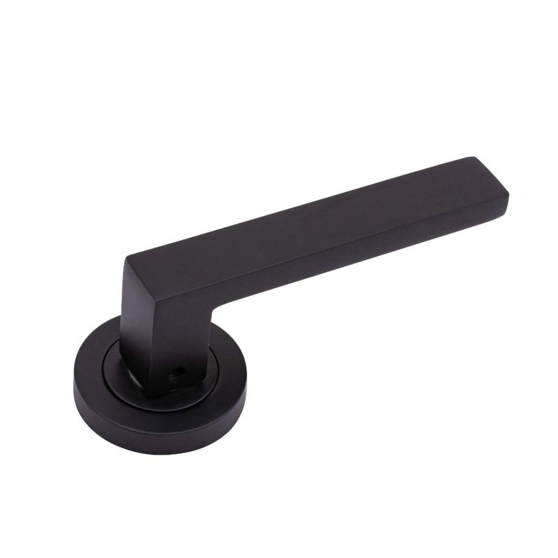1 Pair Delta Design Door Handles on Round Rose in Matt Black Finish with 2.5" Tubular Latch - 52mm Diameter, Does Not Apply