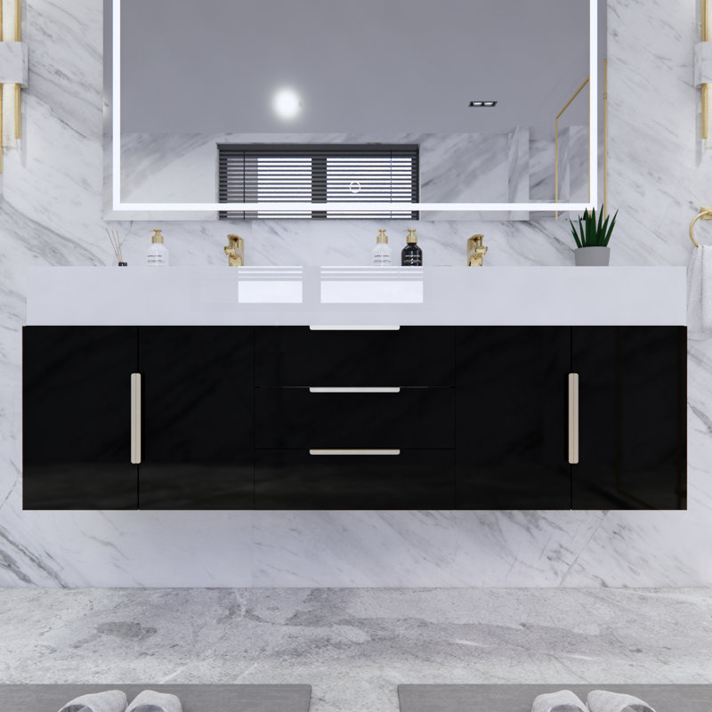 Glasgow 59'' Double Bathroom Vanity with Acrylic Top, Glossy White, High Gloss Black