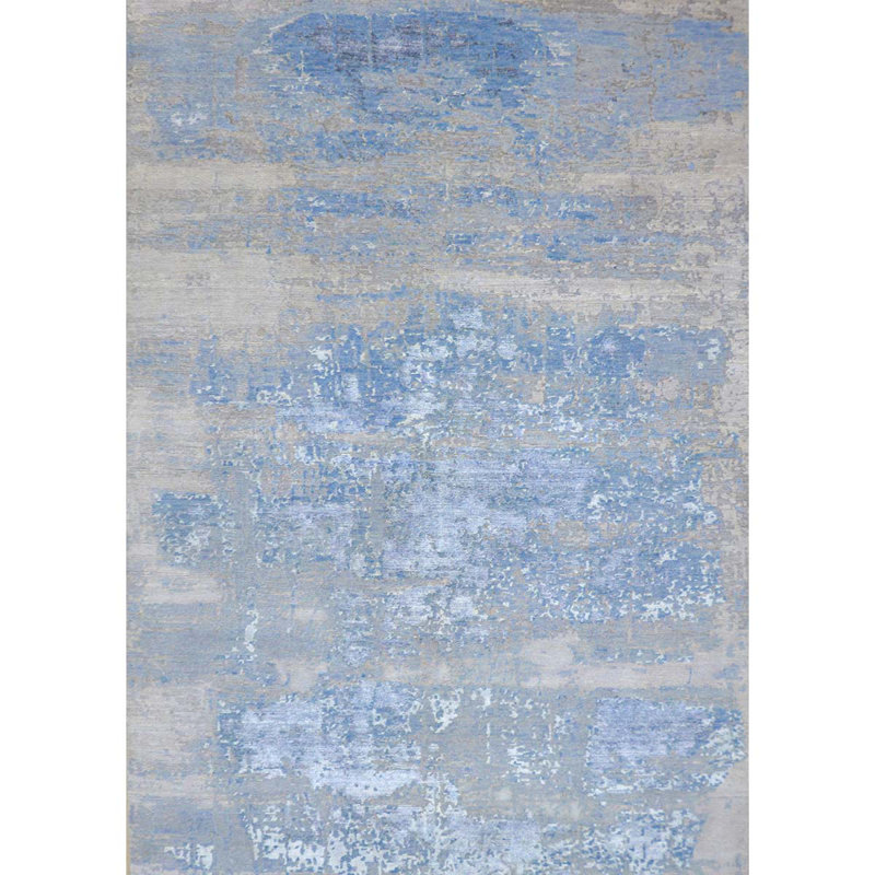 Tapis ivoire et bleu noué à la main de haute qualité, Rectangle 8 pi x 10 pi