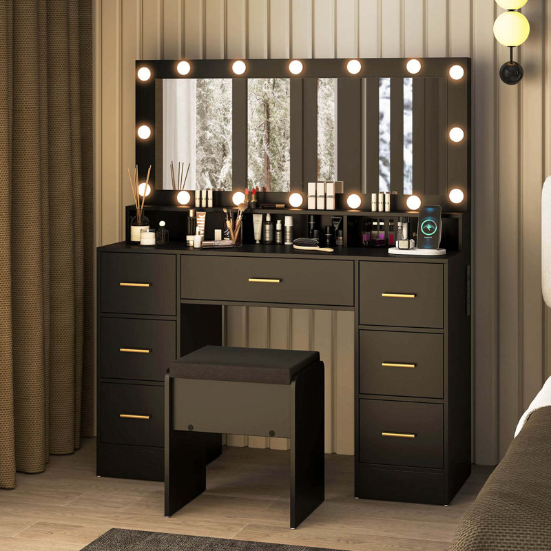 Bureau de maquillage avec miroir et lumières, Noir, noir, noir, noir