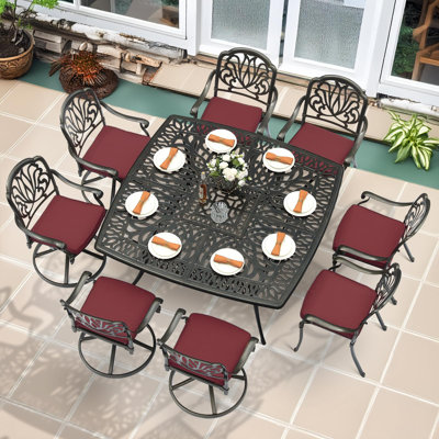  9-piece Outdoor Patio Dining Set For 8, All Weather Cast Aluminum Patio Funiture Table And Chairs Set- Large 64" Square Table, 4 Swivel Rocker Chairs, 4 Stationary, Umbrella Hole