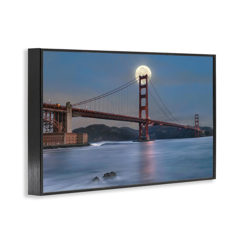 «Moonlit Bridge Landmark Giclee Art» par Lee Sie, Giclée encadrée noir minuit, H 16 po x l 24 po