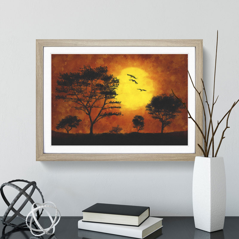 Birds and Trees at Sunset - Picture Frame Painting, Oak Framed, 27cm H x 36cm W x 2cm D