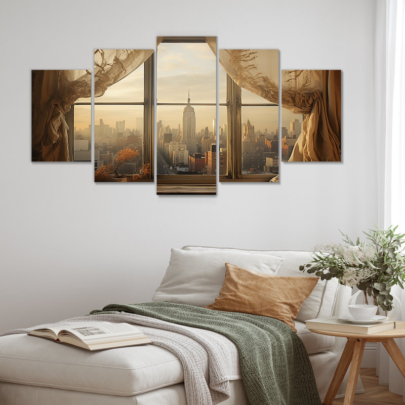 «Vintagenyc Urbanscape Window View I - New York City, art mural multi-panneaux pour le salon