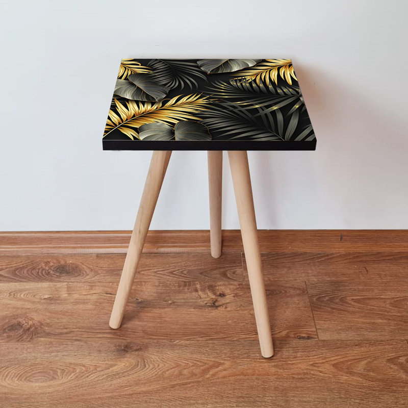 Modern Side Table with Beech Wood Legs, Black, Gold & Grey, 13.8 x 16.5 x 13.8 inches | 100% MDF, Thickness: 0.71 inches | Stylish & Functional Accent Table for Living Room, Bedroom, or Office Decor