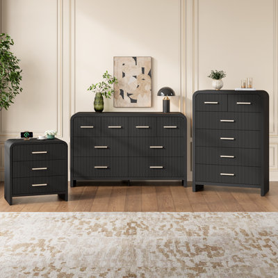 Janean 3 Pieces Bedroom Set -include Fluted 8 Drawer Double Dresser,6 Drawer Chest And Matching One 3-drawer Nightstands With Charging Station,curved