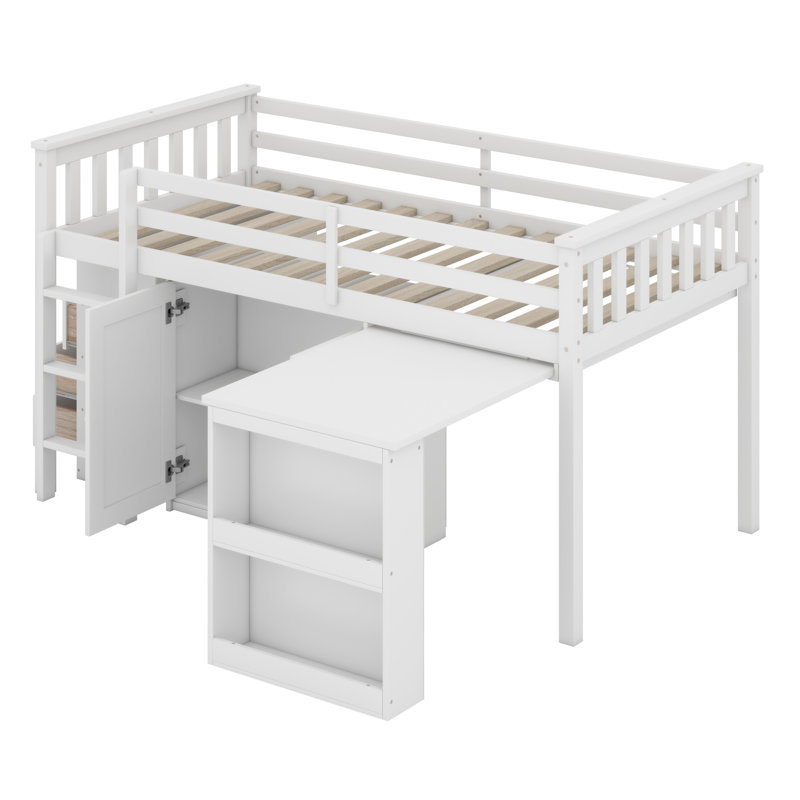 Lit mezzanine avec armoire de rangement, armoire à tiroirs et tablettes et bureau coulissant, barrière de sécurité, Blanc
