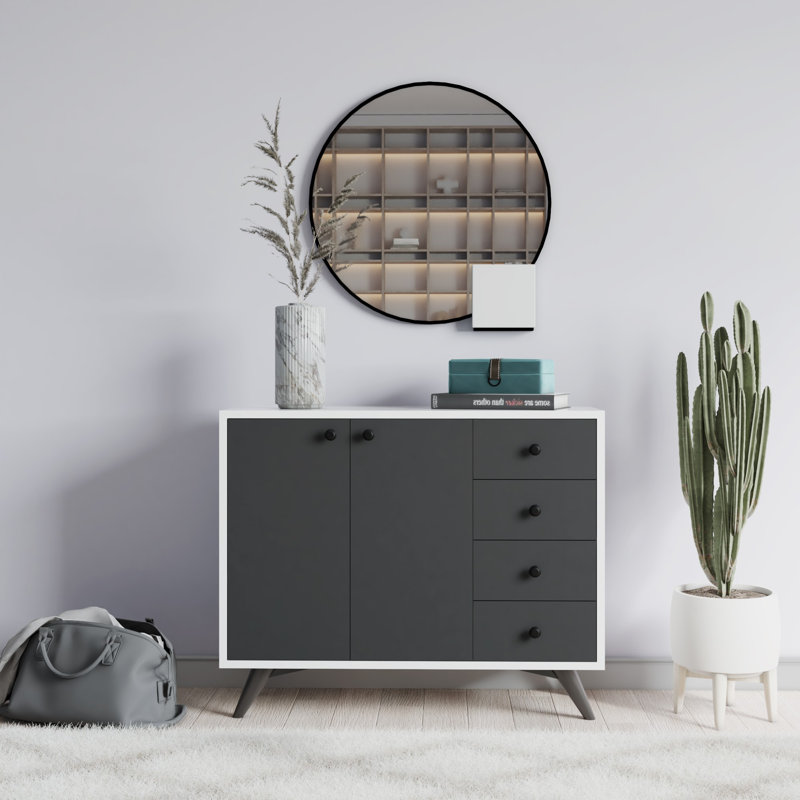 Buffet 4 tiroirs 39,3 po de largeur, Blanc / gris anthracite