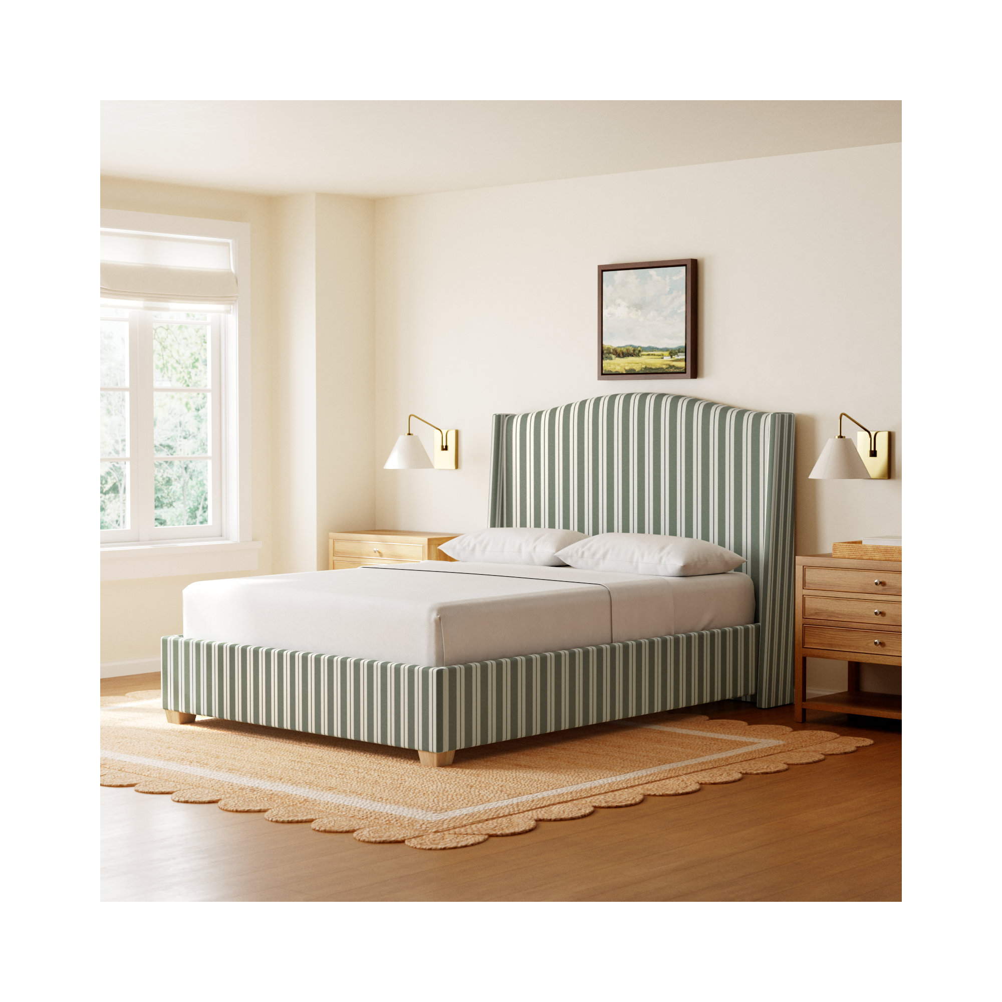 Hagerman Upholstered Wingback Bed, Anderson Stripe Green, Queen