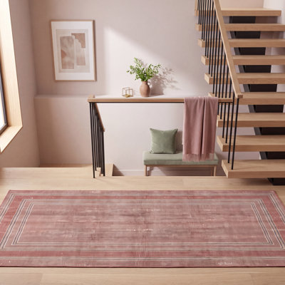 Tapis Outcrop2 moderne, minimaliste, à bordure géométrique, orange, rose, gris et crème, antidérapant, à poils courts, pour l'intérieur et l'extérieur, adapté aux animaux domestiques, salon, chambre, salle à manger, entrée, couloir, bureau, lavable