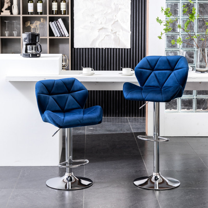 Velours bleu à motif de losanges pivotant 2 - Hauteur réglable, base à dossier mi-confort avec repose-pieds, de 2, confort, hauteur, capitonnage