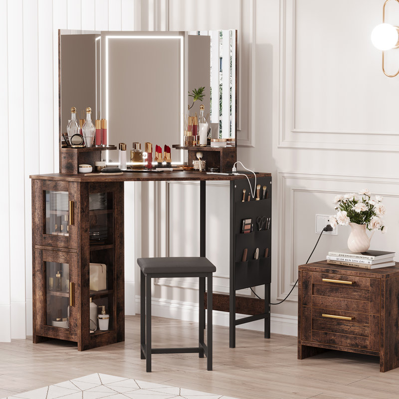 Corner Makeup Vanity with LED Mirror, Charging Station & Stool, Cabinet Storage for Bedroom, Brown