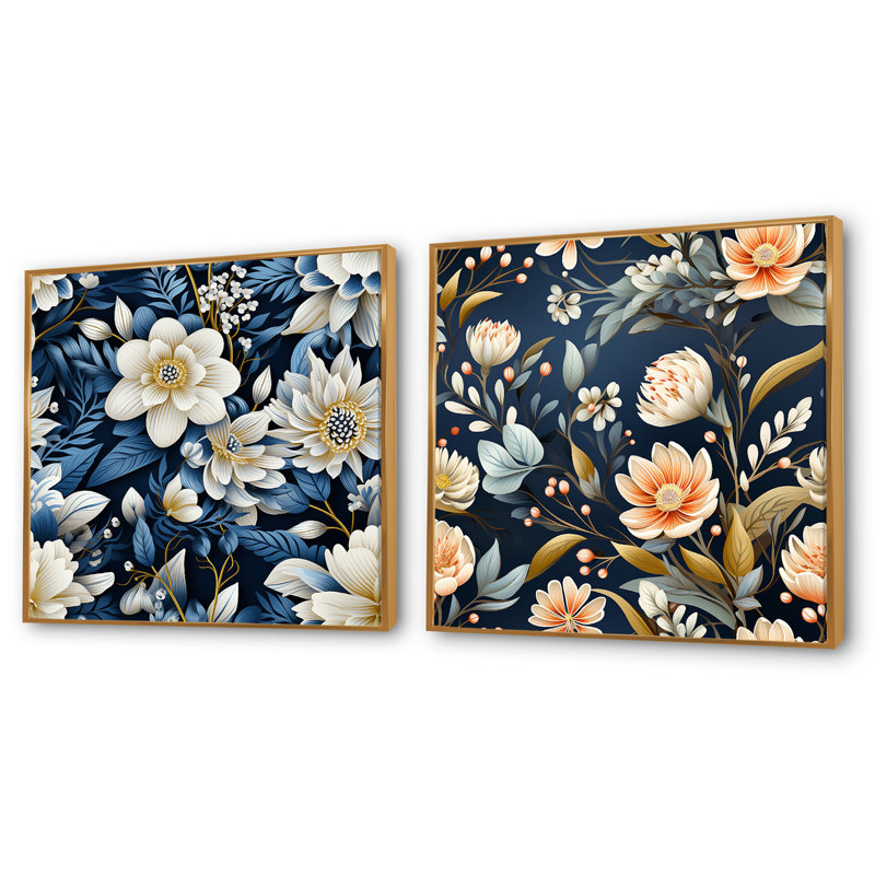 Motif floral blanc et bleu Magnolias, Cadre flottant doré, H 16 po x l 33 po