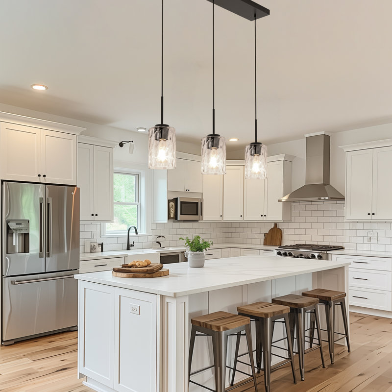 Saniya 3-Light Black Linear Island Pendant Hanging Light, Kitchen Lighting With Glass Shades