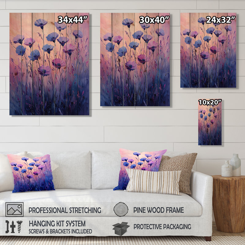 Dreaming Of Cornflower Fields In Purple III - Cornflowers Wood Wall Art - On Natural Pine Wood, 44" H x 34" W x 0.78" D