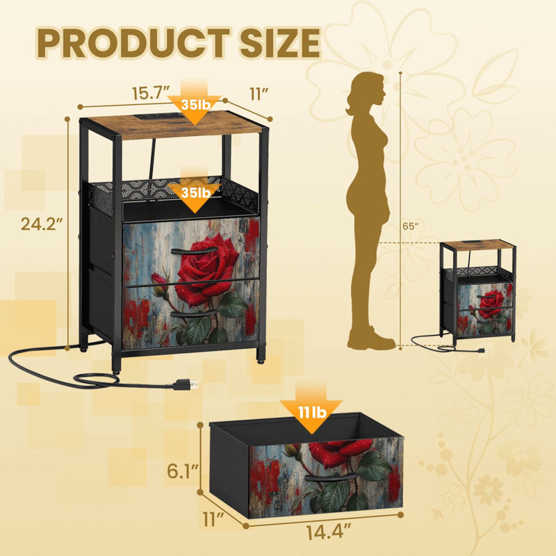 Table de chevet 2 tiroirs en tissu avec station de charge Red Rose Elegant Petals