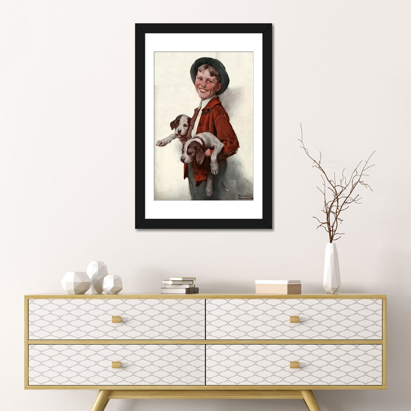 «Boy with Puppies», peinture sur toile tendue, H 24 po x l 16 po x P 1 po, Papier d'art encadré noir, Blanc