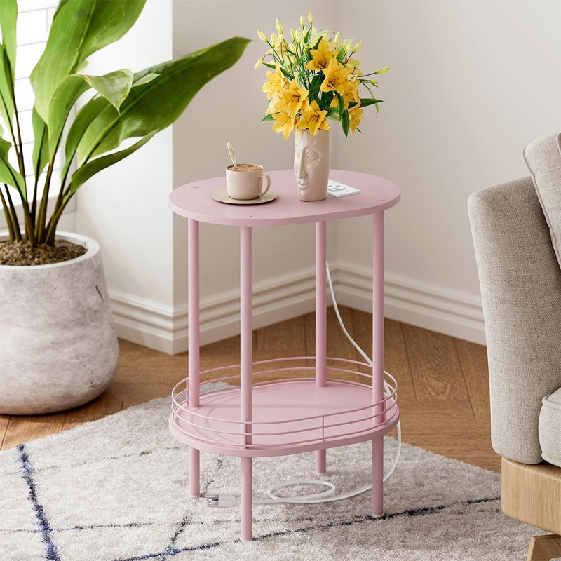 Table d'appoint rose avec station de charge, tables d'appoint de salon, table de chevet avec ports et prises USB, table de bout pour petits espaces, salon, chambre à coucher, chambre de bébé, (1pc, rose)