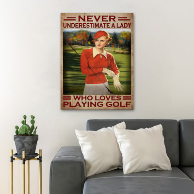 Femme en rouge - Jamais sous-estimé une dame qui aime jouer au golf, toile tendue avec châssis - Sports Illustration, décor de salon rouge et vert