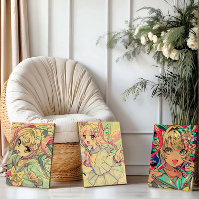 Ensemble de 3 affiches d'art mural encadrées de 3 pièces, de dessins animés sur toile, de dessins animés colorés pour la chambre du salon, de l'affiche de manga japonaise moderne, d'une décoration murale vibrante pour une chambre d'ado