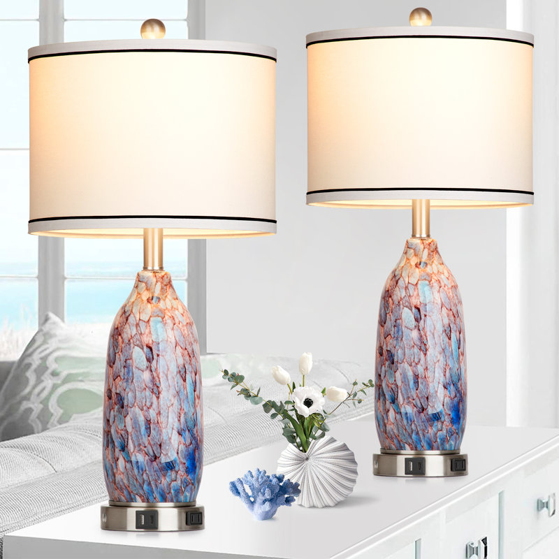 26'' Multicolor Glass Table Lamp Set with USB Ports and Silver Base