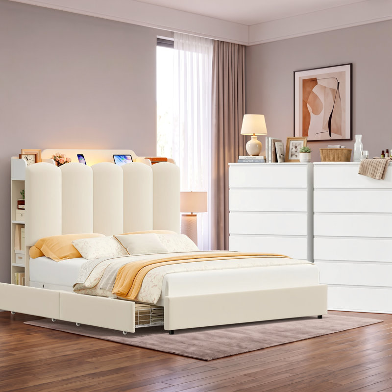 Ensemble de chambre à coucher 3 pièces comprenant un lit à DEL, 2 tiroirs sous le lit et une commode de 2 pièces à 6 tiroirs.