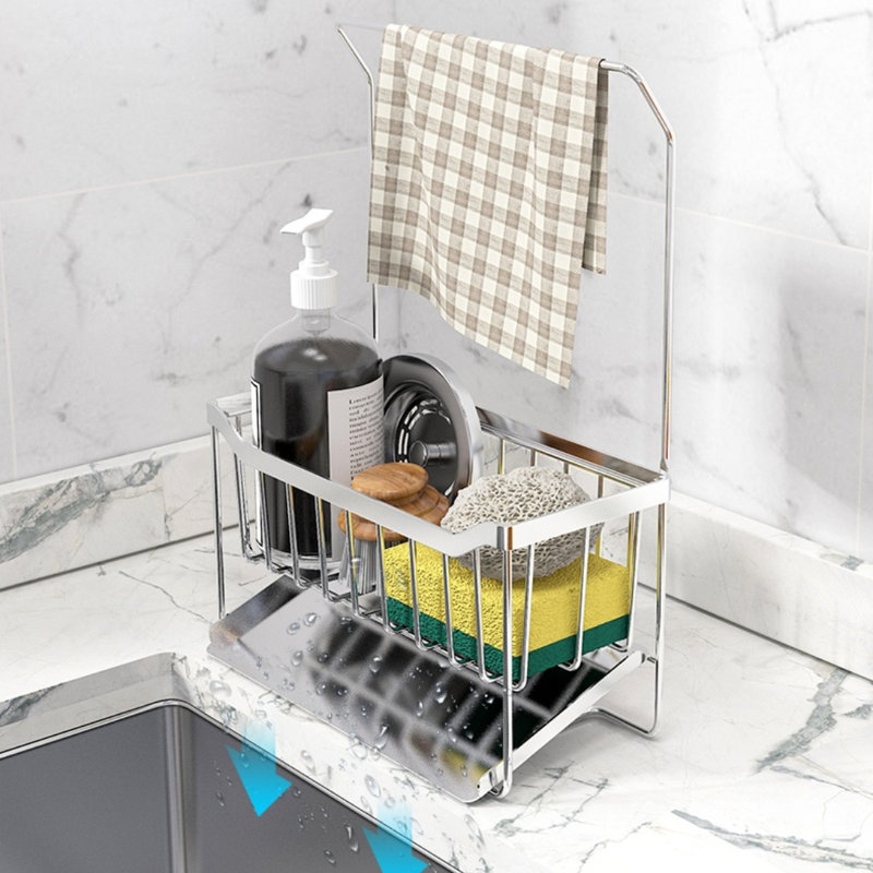 Porte-éponge en acier inoxydable avec panier de drainage pour organisateur de comptoir d'évier de cuisine