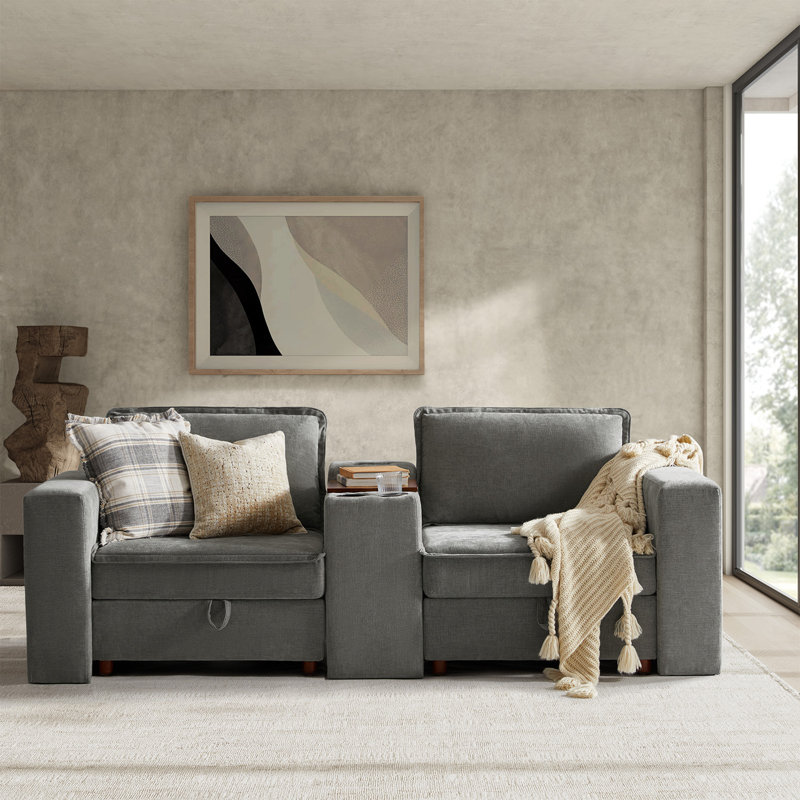 Bessette 88” Modern Storage Sofa With Charging Station And Middle Storage Compartment, Gray