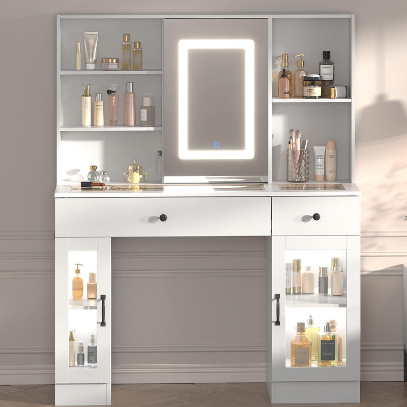 Vanity Desk with LED Mirror, 3 Color Modes, USB Port & Drawers, White