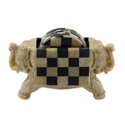 Ensemble sous-verre avec porte-saponite 7 pièces éléphant checkers