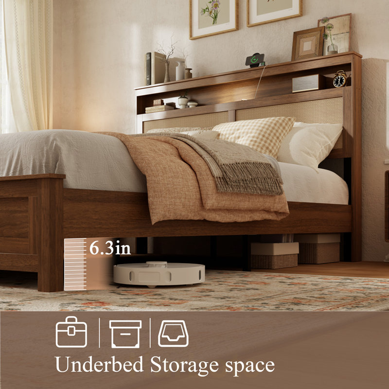 Structure de lit grand avec tête de lit en rotin et lampe de lecture à DEL intégrée, lit plateforme moderne avec tablette de rangement, aucun sommier nécessaire