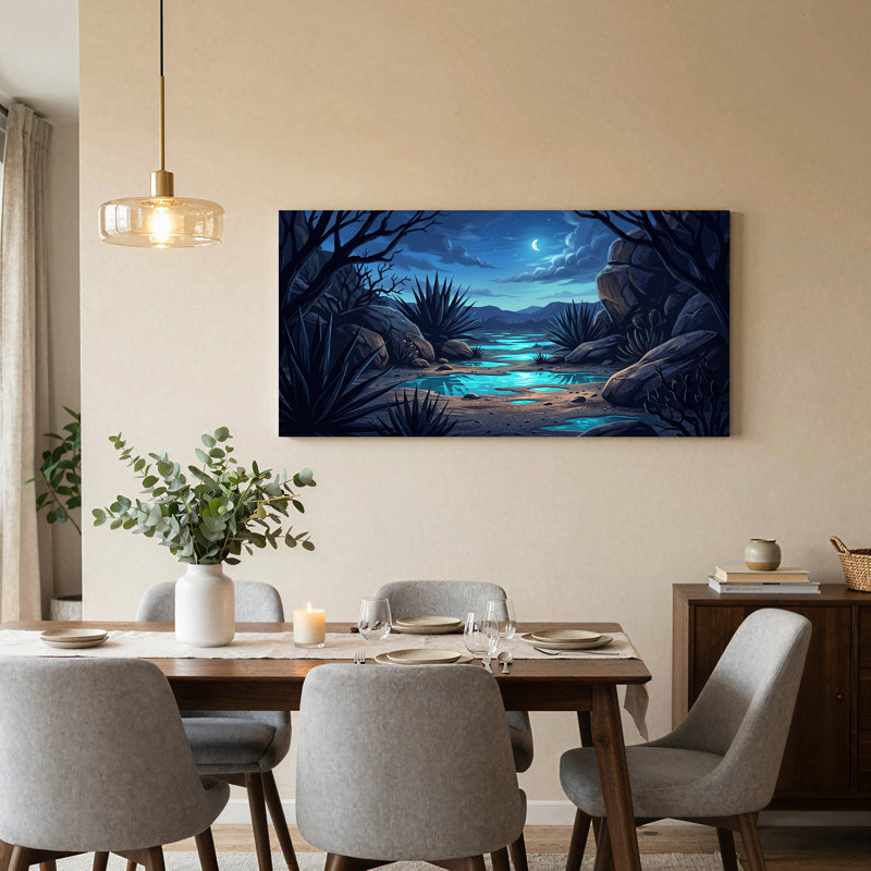 Impression sur toile Blue Desert Stream et Agave Plants Under Moon, 32“W x 16”H