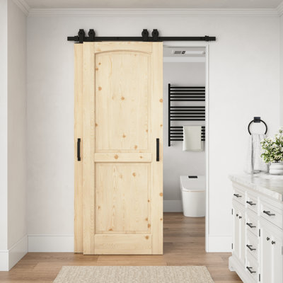 Porte intérieure en pin massif à deux panneaux cintrée de 48 po x 80 po avec ensemble de quincaillerie pour porte coulissante de style grange, idéale pour le salon ou le garde-manger.