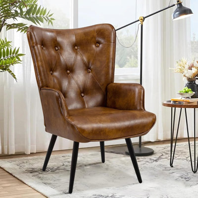 Mid-century Faux Leather Upholstered Tufted Wingback Accent chair for Living Room Brown