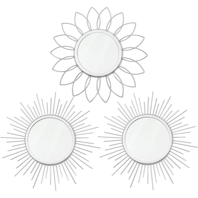 Flower & Sunburst Wall Mirrors Set Of 3 - Silver