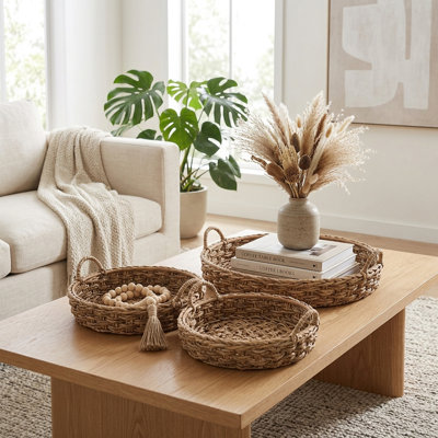 Decorative Basket Trays for Entryway and Home Decor Display - Centerpiece Organizer for Dining and Coffee Table - Set of 3, 20",18", 16", Brown & Tan
