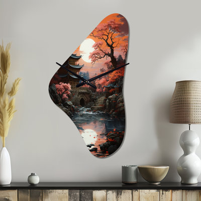 Hilleary Japon Art Shrine At Twilight II - Japan Art Unique Shape Metal Wall Clock, Coral Asymmetrical Clock Print