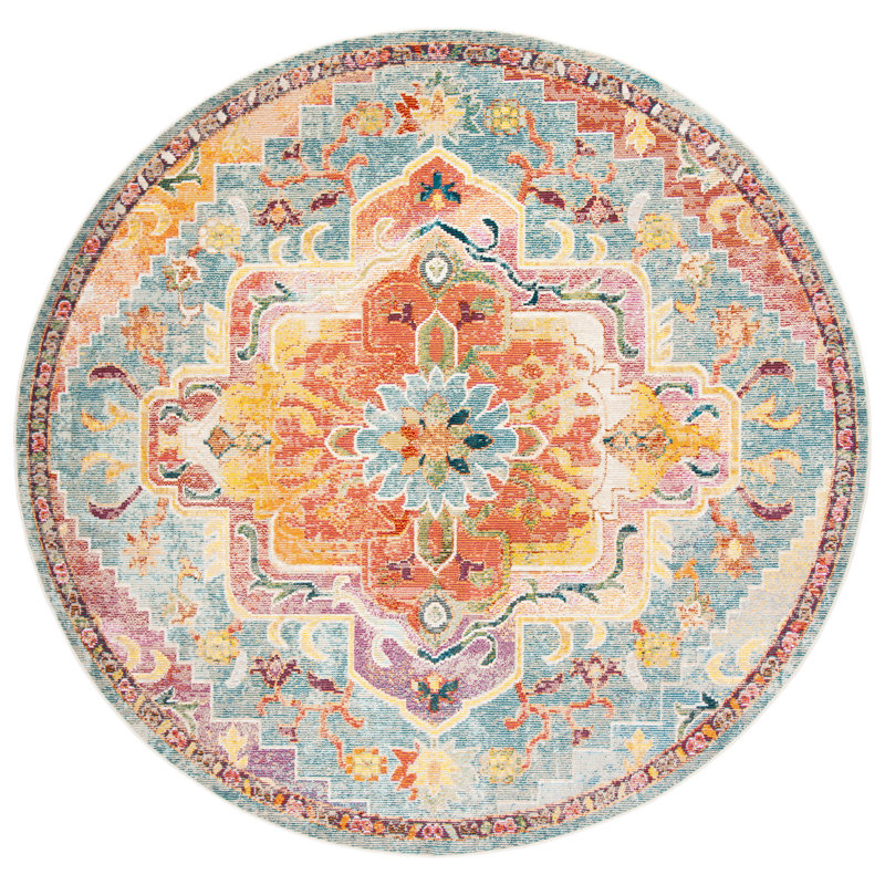 Haneul Oriental Teal/Orange Area Rug, Round 9'