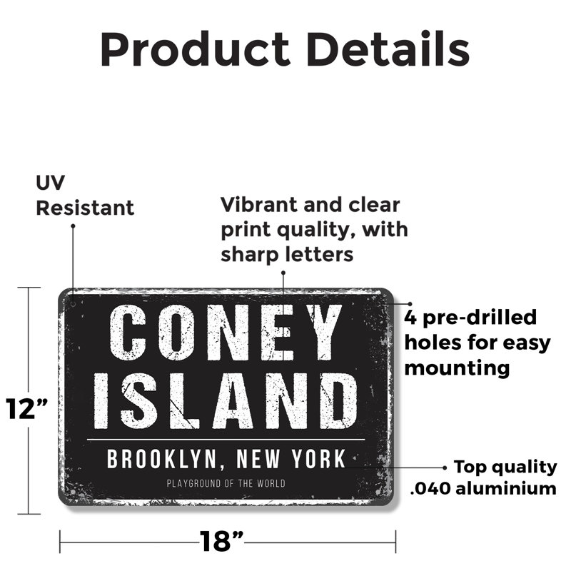 Enseigne en aluminium 12 po x 18 po Coney Island Brooklyn, NY, H 12 po x l 18 po x P 0,1 po, Vert