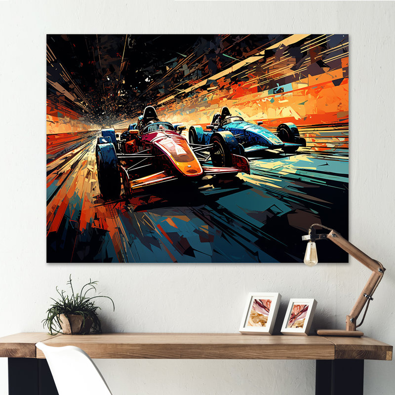 Formules bleues et jaunes de course à grande vitesse - Art mural, Toile tendue, H 34 po x l 44 po x P 1,5 po