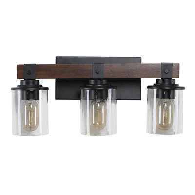 Applique murale de salle de bain 19 po à 3 lumières rustique industrielle avec abat-jour en verre et décor en bois, luminaire campagnard moderne (sans ampoules)