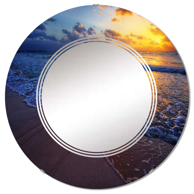 Coucher de soleil sur un rivage océanique I - Miroir mural nautique et côtier rond, 24 po x 24 po