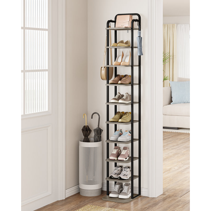10 Tiers Vertical Shoe Rack, Narrow Shoe Tower, Tall Shoes Shelf with 2 Hooks, Adjustable Shelves, Corner Shoes Shelves for Small Spaces, Entryway, Living Room, Greige