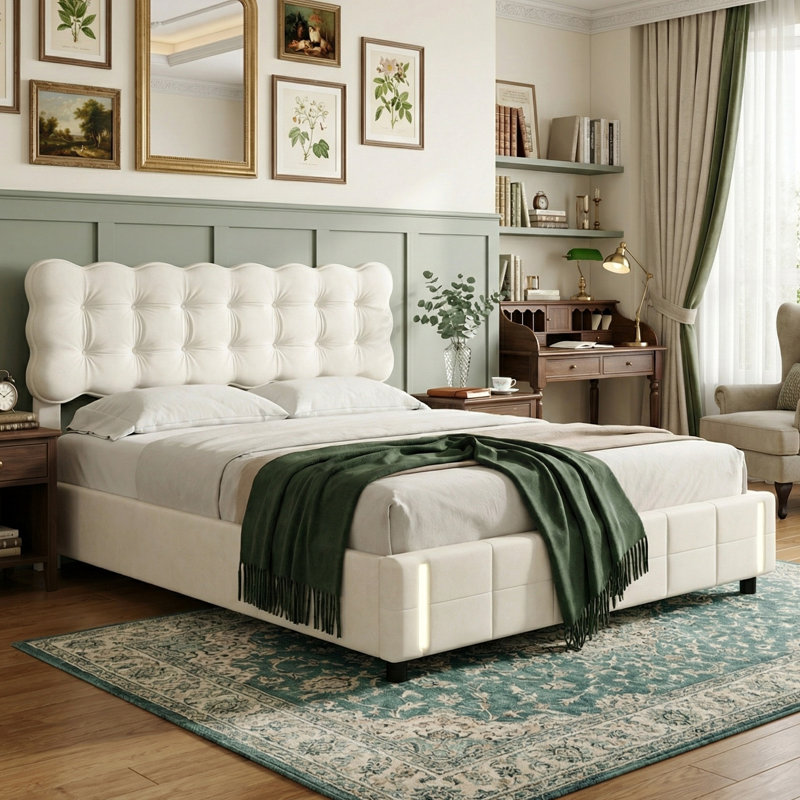 EU Double & King Size Velvet Ottoman Bed With Motion Sensor LED Lights, Upholstered Cloud Tufted Frame, Beige 