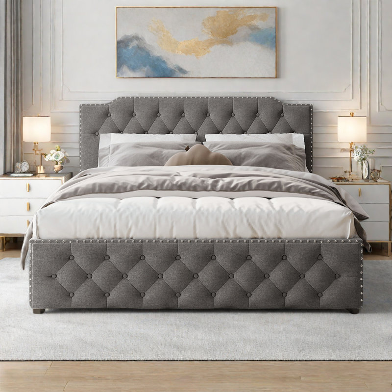 Élégant lit plateforme tapissier avec lit gigogne, 2 ensembles de ports USB de chaque côté et conception capitonnée , Gris